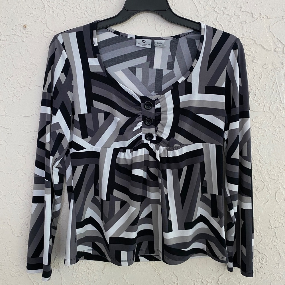 Worthington Y2k Mod Retro Geometric Top Women L Black Gray Long Sleeve Stretch